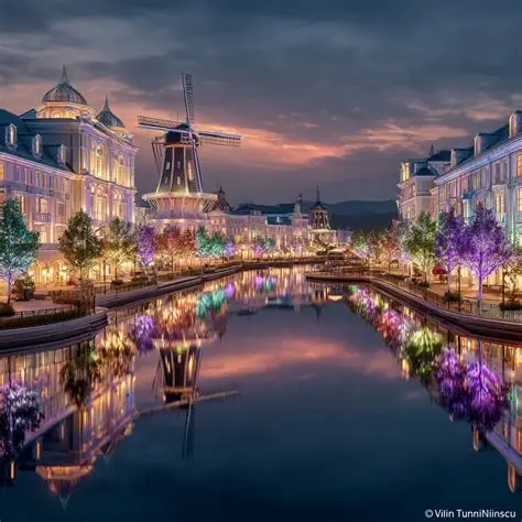 Canal de Huis Ten Bosch con molinos de viento y tulipanes
