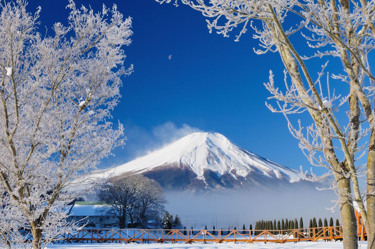 Monte Fuji en invierno con su cono nevado perfecto sobre un cielo azul despejado